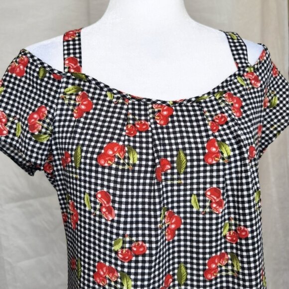 Cold shoulder cherry gingham short sleeve blouse - Picture 1 of 5